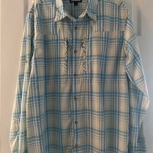 Patagonia Men’s Sun Stretch Fishing Shirt Size L Colors Blue/Yellow/White